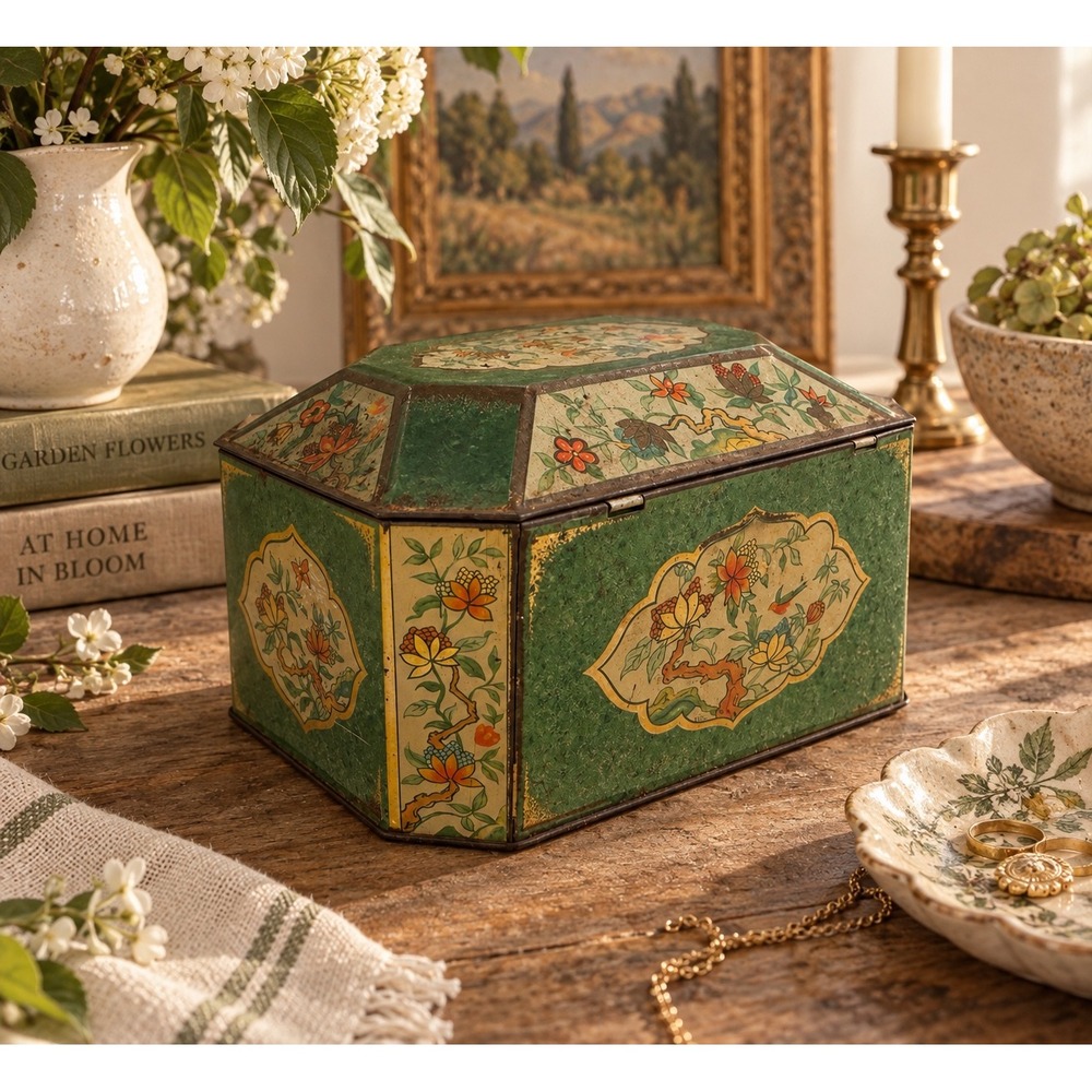 Vintage Chinoiserie Octagonal Tin Box Green Floral Bird Antique Style Keepsake